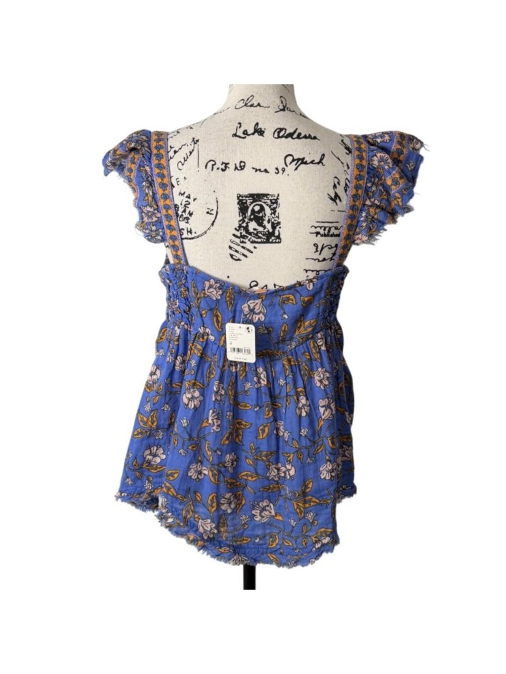 Free People Womens Size M Nala Top Babydoll Blue Floral Cotton Smocked NEW - Picture 4 of 10